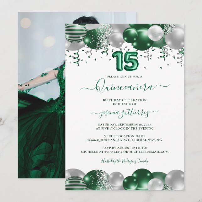 Invitation Photo blanc vert étincelle du ballon Quinceañera (Devant / Derrière)