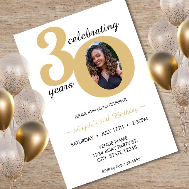 Invitation Photo blanche et or 30 Trente ans 30e anniversaire (White & Gold Photo 30 Thirty Years 30th Birthday Invitation)