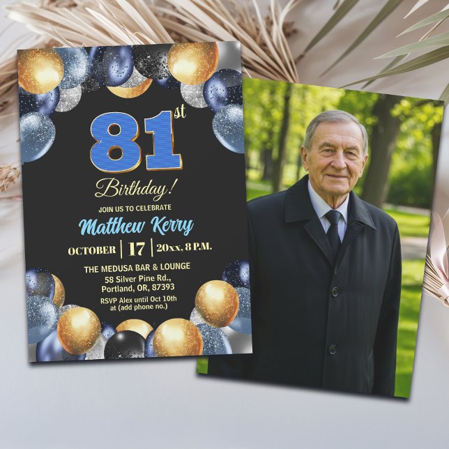 Invitation Photo Bleu Argent Or 81e Anniversaire  (Créateur téléchargé)