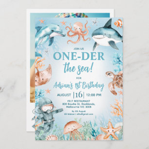 Invitation Photo bleu Brown au bord de la mer 1er anniversair