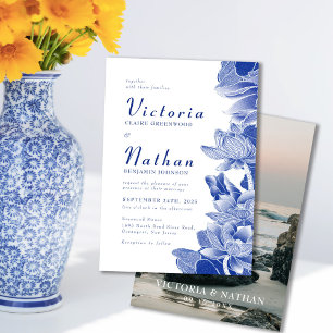 Invitation Photo bleu et blanc Floral Chinoiserie Mariage