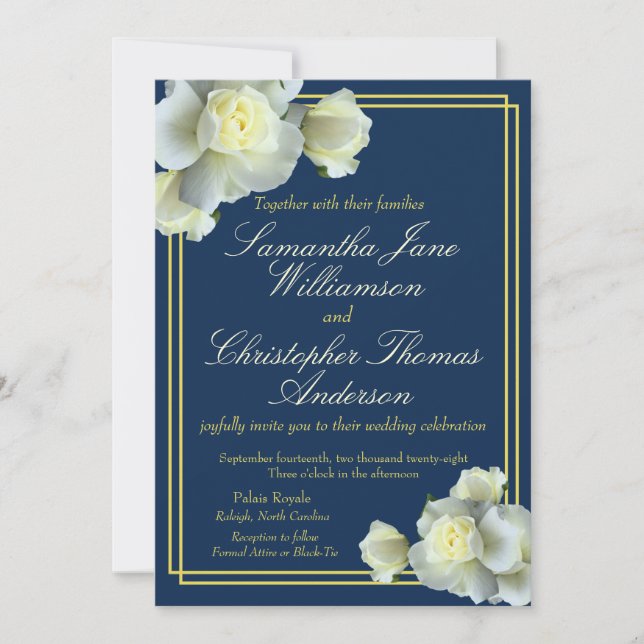 Invitation Photo bleu marine Elegant Gold Script Rose blanche (Devant)