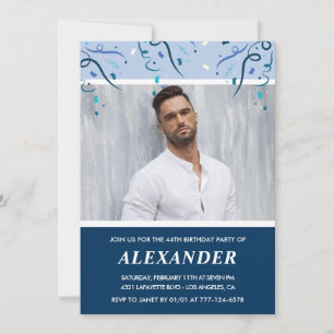 Invitation Photo bleu marine moderne homme 44e anniversaire 
