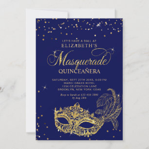 Invitation Photo Bleu Or Paillettes Masquerade Quinceañera
