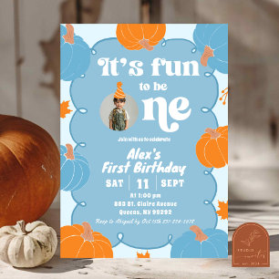Invitation Photo Bleu Orange Fun Citrouille Premier Anniversa