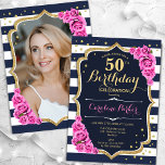 Invitation Photo bleu rose marine 50e anniversaire<br><div class="desc">Elégante invitation à 50e anniversaire fleurie avec votre photo au verso de la carte. Design bleu marine rose blanc avec faux or parties scintillant. Caractéristiques bleu marine et bandes blanches, roses rose bébé, police de script et confetti. Parfait pour une fête anniversaire adulte élégante. Personnalisez avec vos propres détails. Peut...</div>