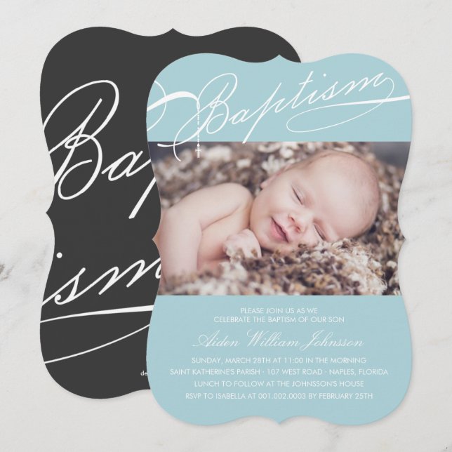 Invitation Photo bleue de baptême de croix préétablie de (Devant / Derrière)