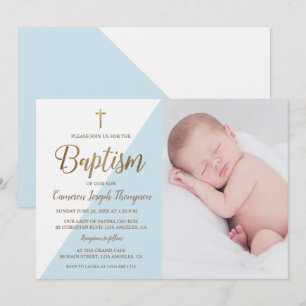 Invitation Photo bleue de bébé de baptême d'or blanc