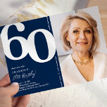 Invitation Photo bleue de la Marine 60e fête d'anniversaire<br><div class="desc">Créez des souvenirs durables à votre 60e anniversaire de bash avec ces invitations branchées de fête d'anniversaire bleu marine et blanc! Avec une grande police serif audacieuse montrant le numéro '60', une photo du garçon / fille d'anniversaire, et un modèle moderne facile à personnaliser, ces invitations capteront l'esprit de l'occasion....</div>