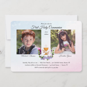 Invitation Photo bleue et rose religieuse