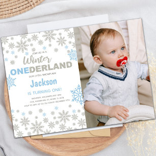 Invitation Photo Bleue NeigeFlake Hiver Anniversaire Onederla