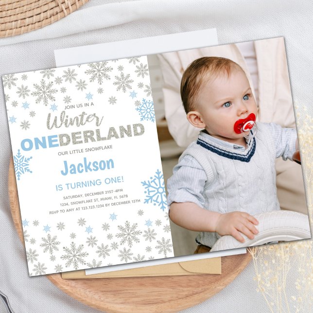 Invitation Photo Bleue NeigeFlake Hiver Anniversaire Onederla (Blue Photo SnowFlake Winter Birthday Onederland Invitation)