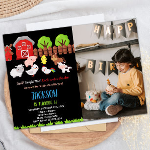 Invitation Photo Blue Black Red Farm Animaux Anniversaire