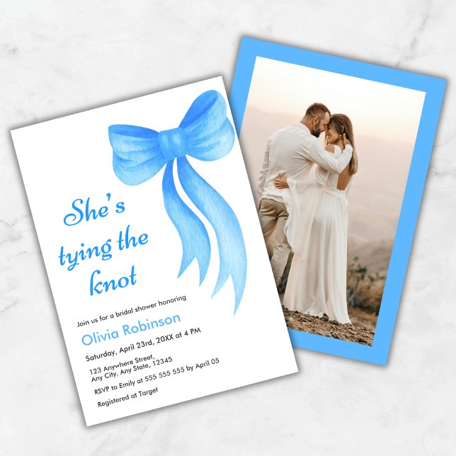 Invitation Photo Blue Bow She's Tying the Knot Bridal Shower  (Photo Blue Bow She's Tying the Knot Bridal Shower Invitation )