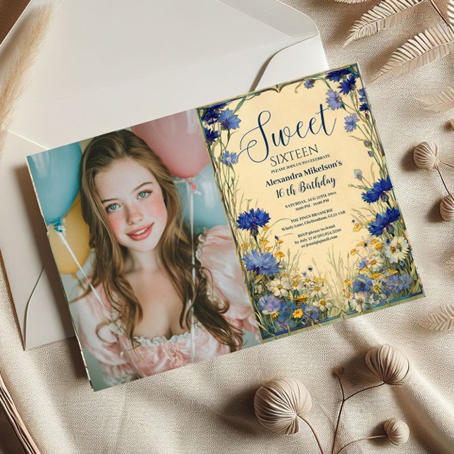 Invitation Photo Blue Cornflower Art Nouveau Sweet Sixteen (Créateur téléchargé)