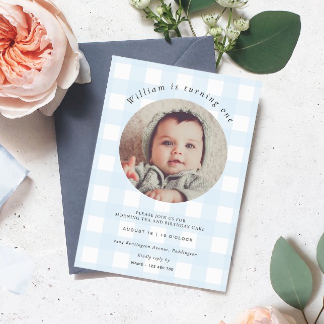 Invitation Photo Blue En vichy Anniversaire (Birthday Photo Invitation Blue Gingham Check)