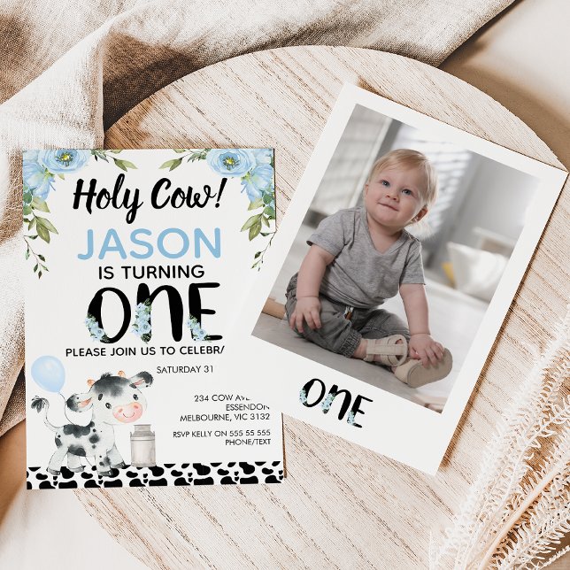 Invitation Photo Blue Floral Holy Cow Cow Imprimer 1er annive (Boys Holy Cow 1st Birthday Invitation Template With Photo, Holy Cow Themed First Birthday Invitation)