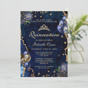 Invitation Photo Blue Gold Floral Agate Quinceanera