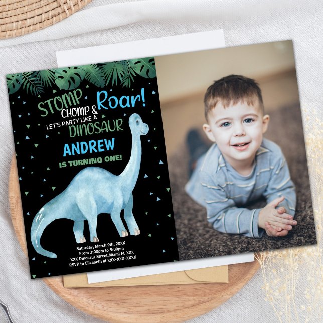 Invitation Photo Blue Green Black Dinosaur Anniversaire (Photo Blue Green Black Dinosaur Birthday Invitation)