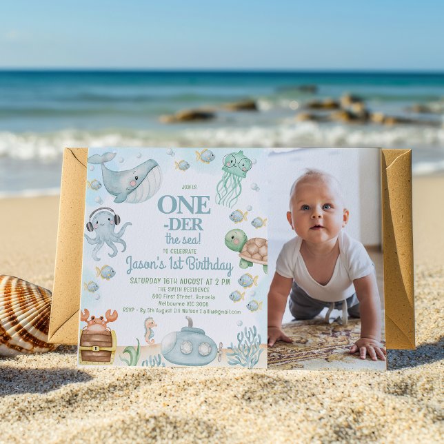 Invitation Photo Blue Grey Oneder The Sea Boys 1er anniversai (Editable Oneder The Sea Birthday Invitation with Photo, Ocean Themed 1st Birthday Invitation Boy)