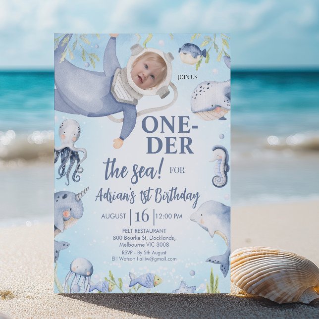 Invitation Photo Blue Scuba Diver au bord de la mer 1er anniv (Oneder The Sea Birthday Invitation Template Instant Download, Oneder the Sea 1st Birthday Invitation)