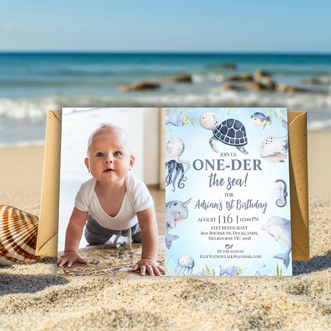 Invitation Photo Blue Sea Turtle One der The Sea 1er annivers (Editable Sea Turtle Oneder The sea 1st Birthday Invitation Boy, Ocean Themed First Birthday Invite)
