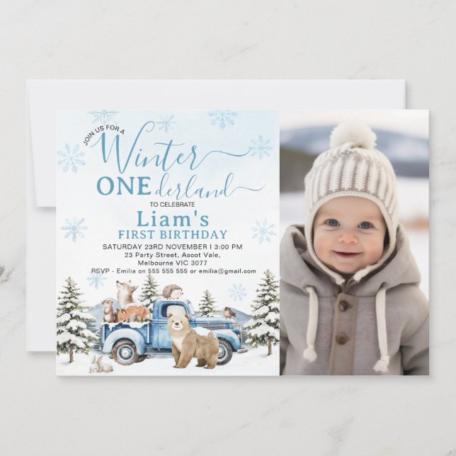 Invitation Photo Blue Truck Winter Onederland 1st Birthday (Devant)