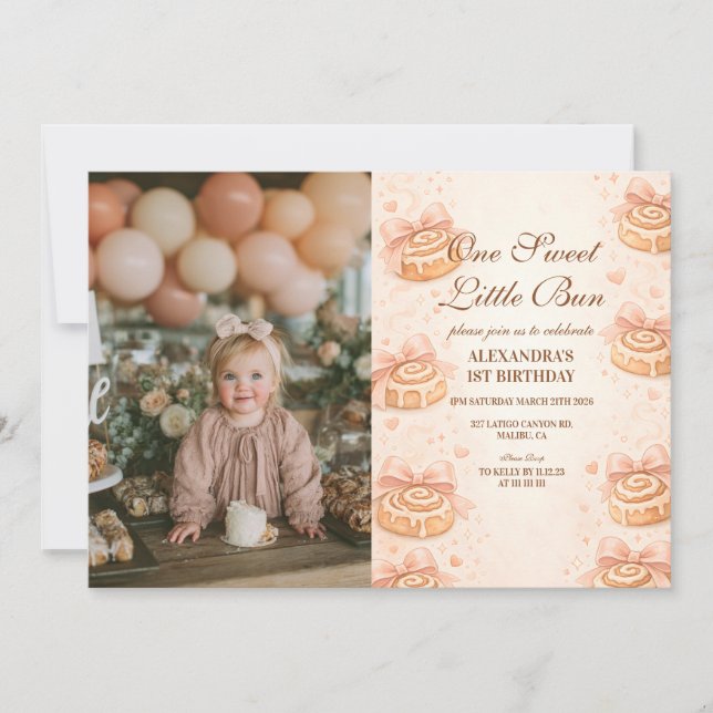 Invitation Photo Blush Cinnamon Bow Little Bun 1st Birthday (Devant)