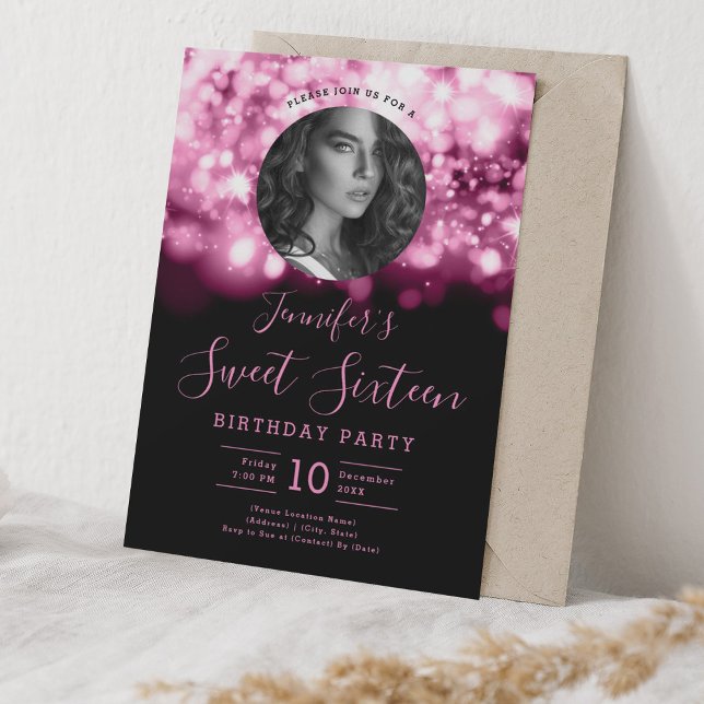 Invitation PHOTO Blush Pink Hollywood Lights Sweet 16 Party (PHOTO Blush Pink Hollywood Lights Sweet 16 Party Invitation)