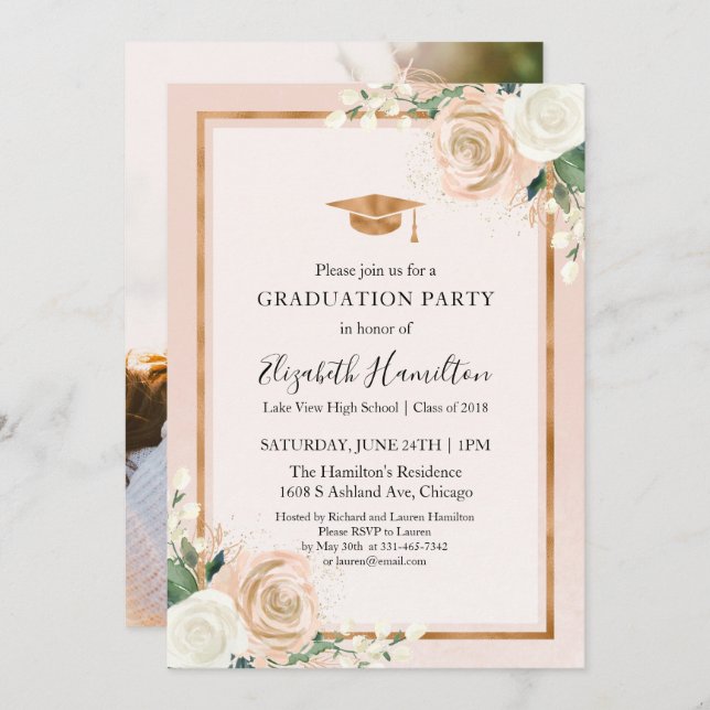 Invitation Photo Blush & Rose Gold Floral Graduation Party (Devant / Derrière)
