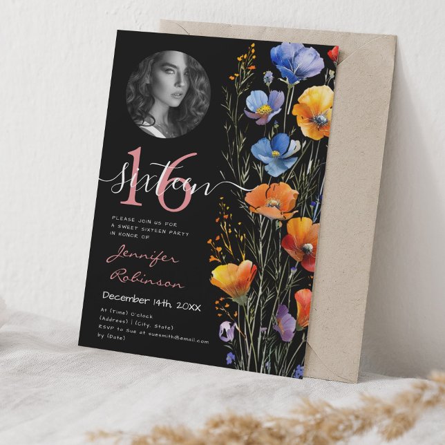 Invitation PHOTO Boho Aquarelle Fleur sauvage Sweet 16 Noir (PHOTO Boho Watercolor Wildflowers Sweet 16 Black Invitation)