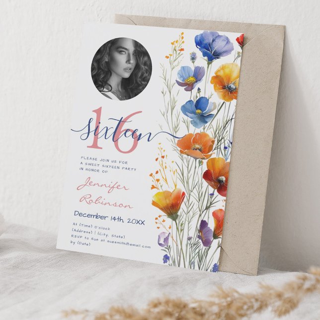 Invitation PHOTO Boho Aquarelle Fleur sauvage Sweet 16 Party (PHOTO Boho Watercolor Wildflowers Sweet 16 Party Invitation)