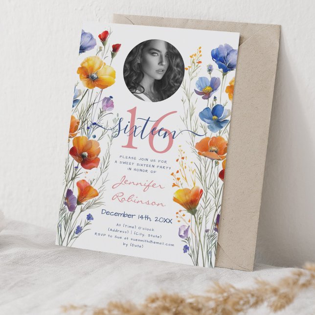 Invitation PHOTO Boho Aquarelle Fleur sauvage Sweet 16 Party (PHOTO Boho Watercolor Wildflowers Sweet 16 Party Invitation)