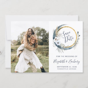 Invitation Photo Boho Bleu Floral Lune Cadre Enregistrer la D