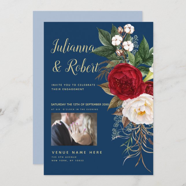 Invitation Photo Boho Bleu Nuit et Floral Bourguignon (Devant / Derrière)