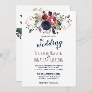 Invitation Photo Boho Burgundy Navy Mauve Floral Mariage