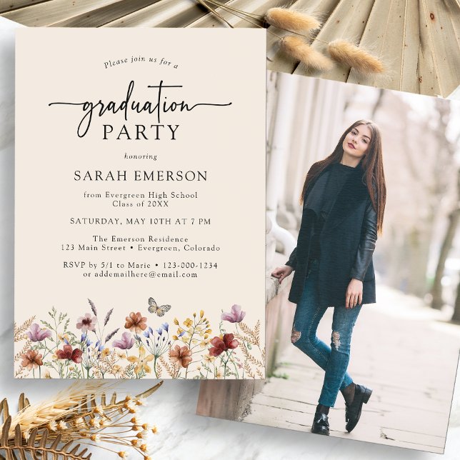 Invitation Photo Boho Graduation Party (Photo Boho Wildfloer Graduation Party Invitation with Butterfly by Painted Paperie
)