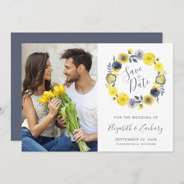 Invitation Photo Boho Gris Jaune Gris Floral Wreath Enregistr (Devant / Derrière)