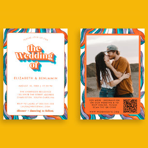 Invitation Photo Boho Groovy Rétro Bleu Code QR Ondulé Mariag