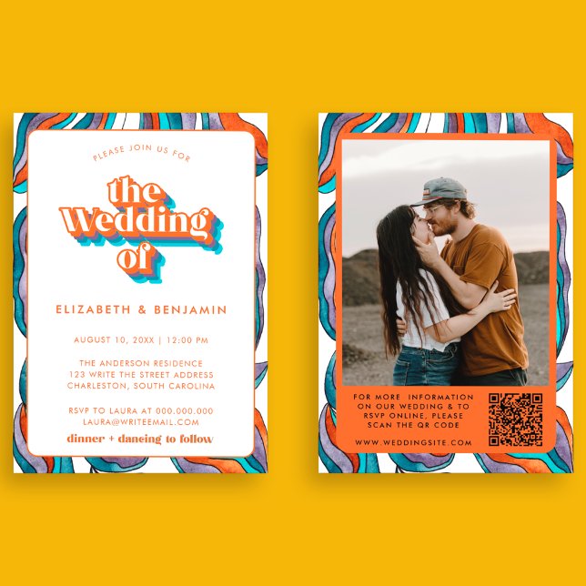 Invitation Photo Boho Groovy Rétro Bleu Code QR Ondulé Mariag (Front and Back)