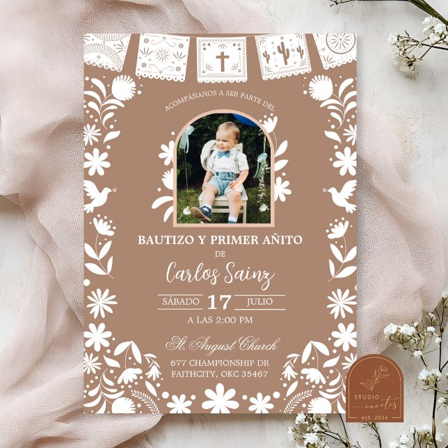 Invitation Photo Boho Marron Cielito Lindo Baptême (Créateur téléchargé)