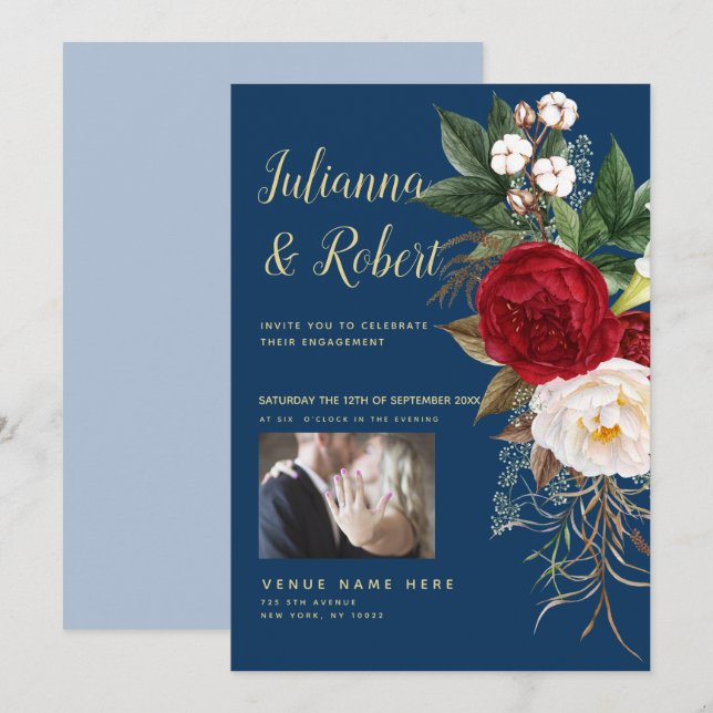 Invitation Photo Boho Navy Blue and Burgundy Floral (Devant / Derrière)