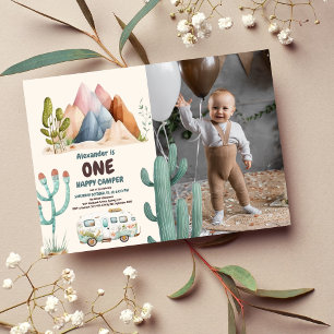 Invitation Photo Boho One Happy Camper 1st Birthday Party