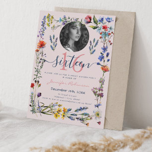 Invitation PHOTO Boho Pressé Fleur sauvage Sweet 16 Blush