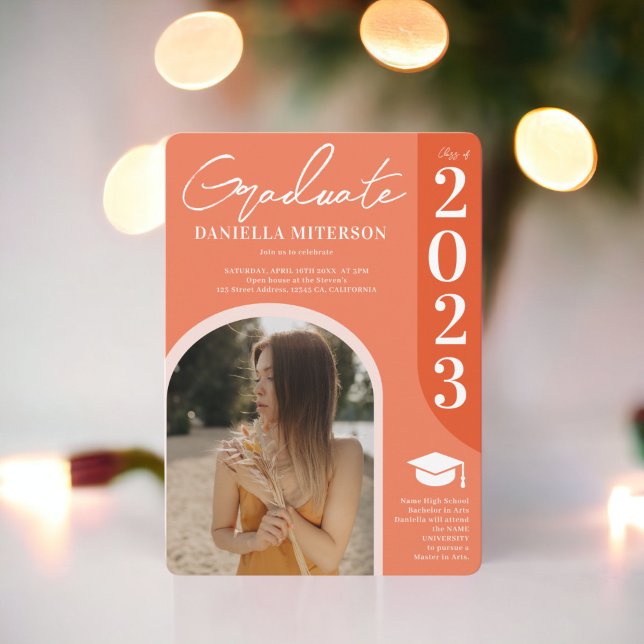Invitation Photo bold 2023 arch coral orange graduation (Photo bold 2023 arch coral orange graduation invitation)
