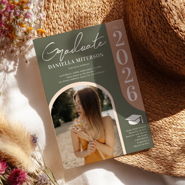 Invitation Photo bold 2023 arch green pink graduation (Photo bold 2026 arch green pink graduation invitation)