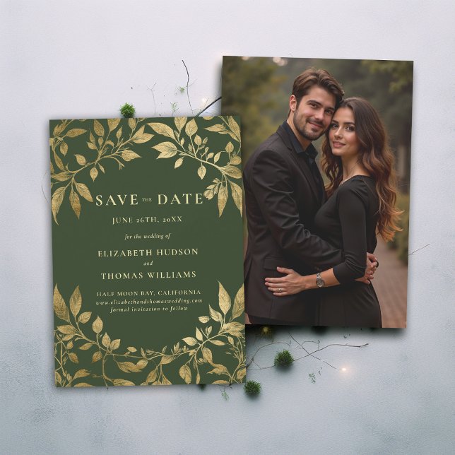 Invitation Photo botanique de feuillage forestier pour annonc (Forest Foliage Botanical Photo Wedding Save Date Invitation Enchanted Magical Fairy Tale Moody Gold)