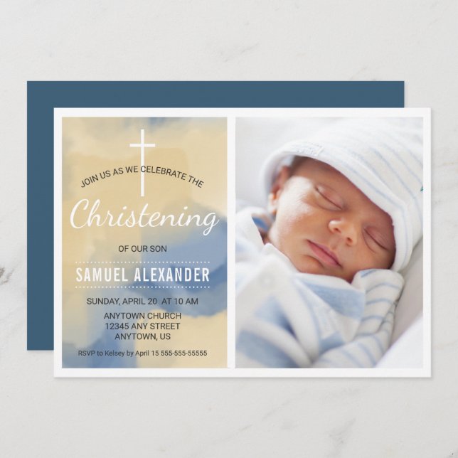 Invitation Photo Boy Christening, Aquarelle Bleu et Or (Devant / Derrière)