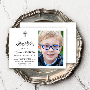 Invitation Photo Boy Formelle Black White First Communion