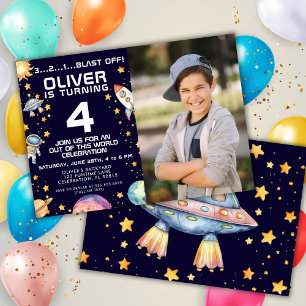 Invitation Photo Boy Modern Space Rocket Ship Anniversaire Pa